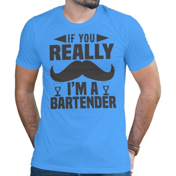 Bartender Print Blue Cotton T-Shirt with Cool Mustache Design