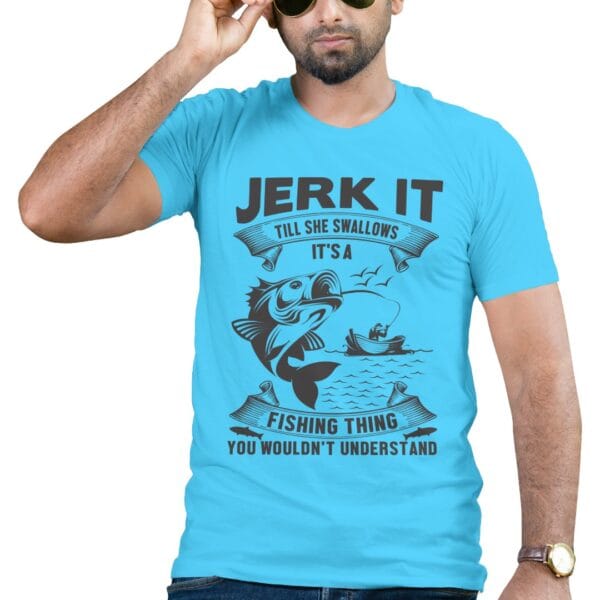Fishing Theme Light Blue Cotton T-shirt with Funny Graphic