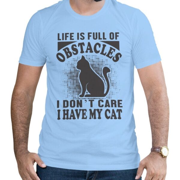 Light Blue Cotton T-Shirt for Cat Lovers Who Ignore All Obstacles