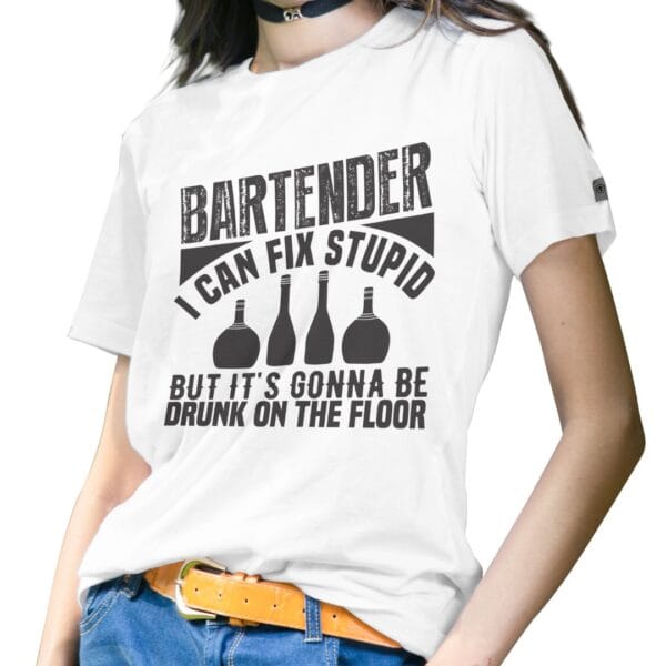 White Cotton T-Shirt with Funny Bartender Graphic for Casual Wear