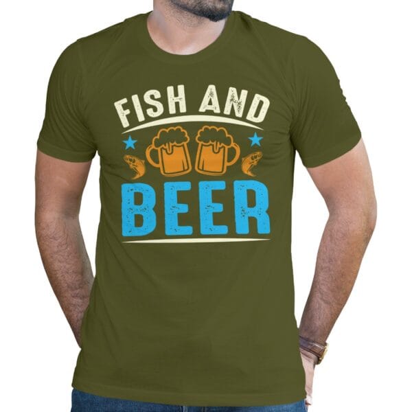 Beer and Fish Graphic Olive T-Shirt for Fun Outings or Gifts